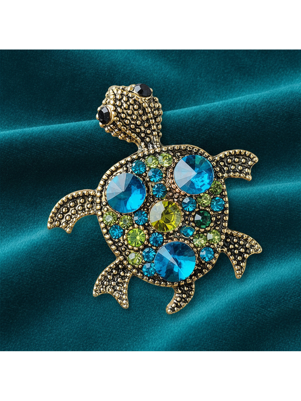 Gold Tone Turtle Brooch with Blue and Green Rhinestones